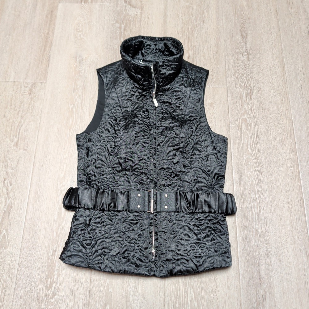 White House Black‎ Market Black Damask Quilted Belted Vest Mock Neck Womens XS